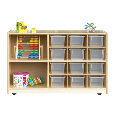 Meuble de rangement 2 faces avec cases et roulettes