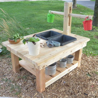 Multi-Purpose Outdoor Table with Sinks and Wooden Scales