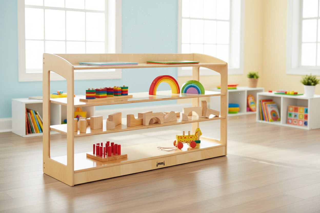 Storage unit with adjustable shelves - open view