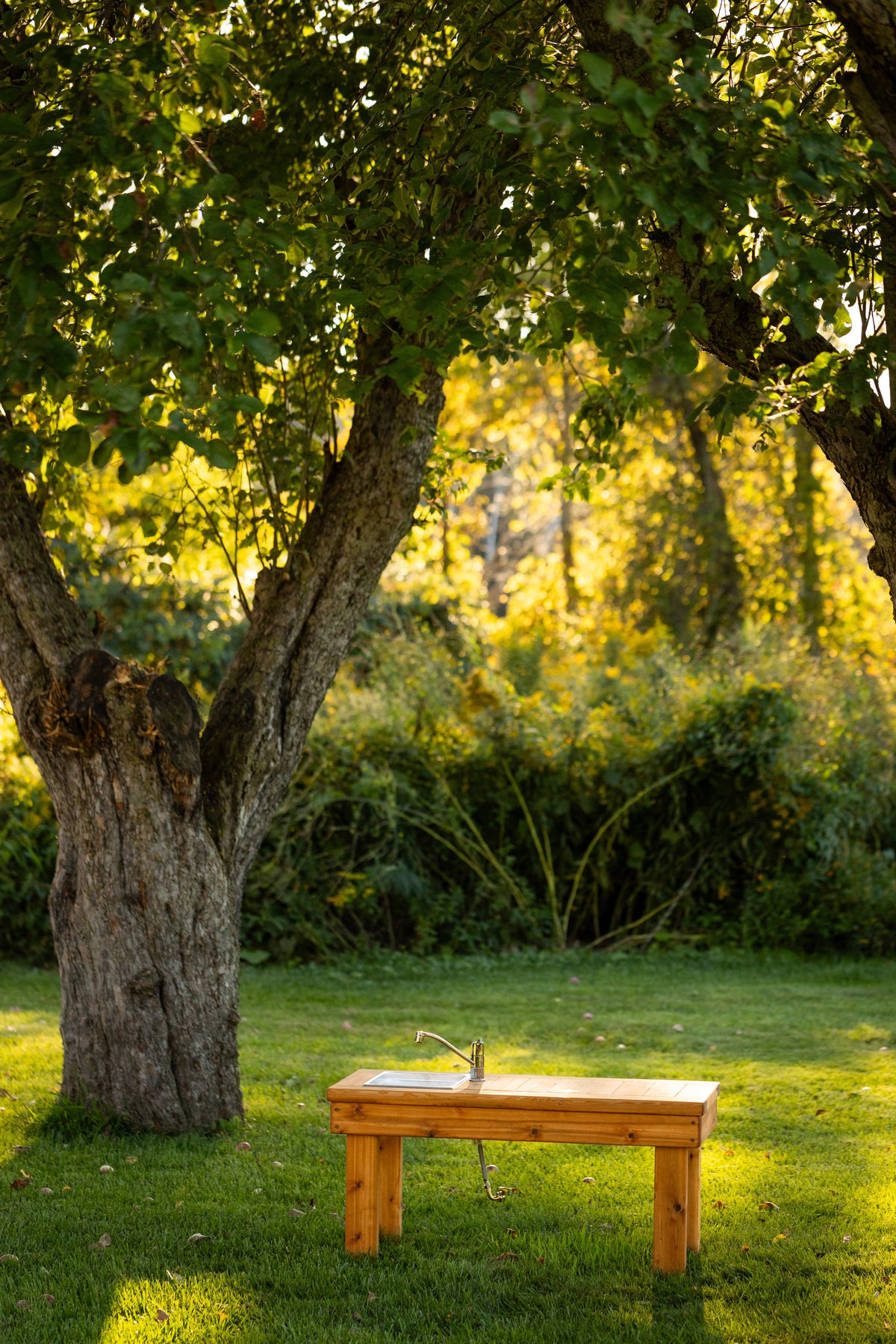 Cedar outdoor mud kitchen by Noble Wooden Toys with 1 stainless steel sink, optional faucet and shelf