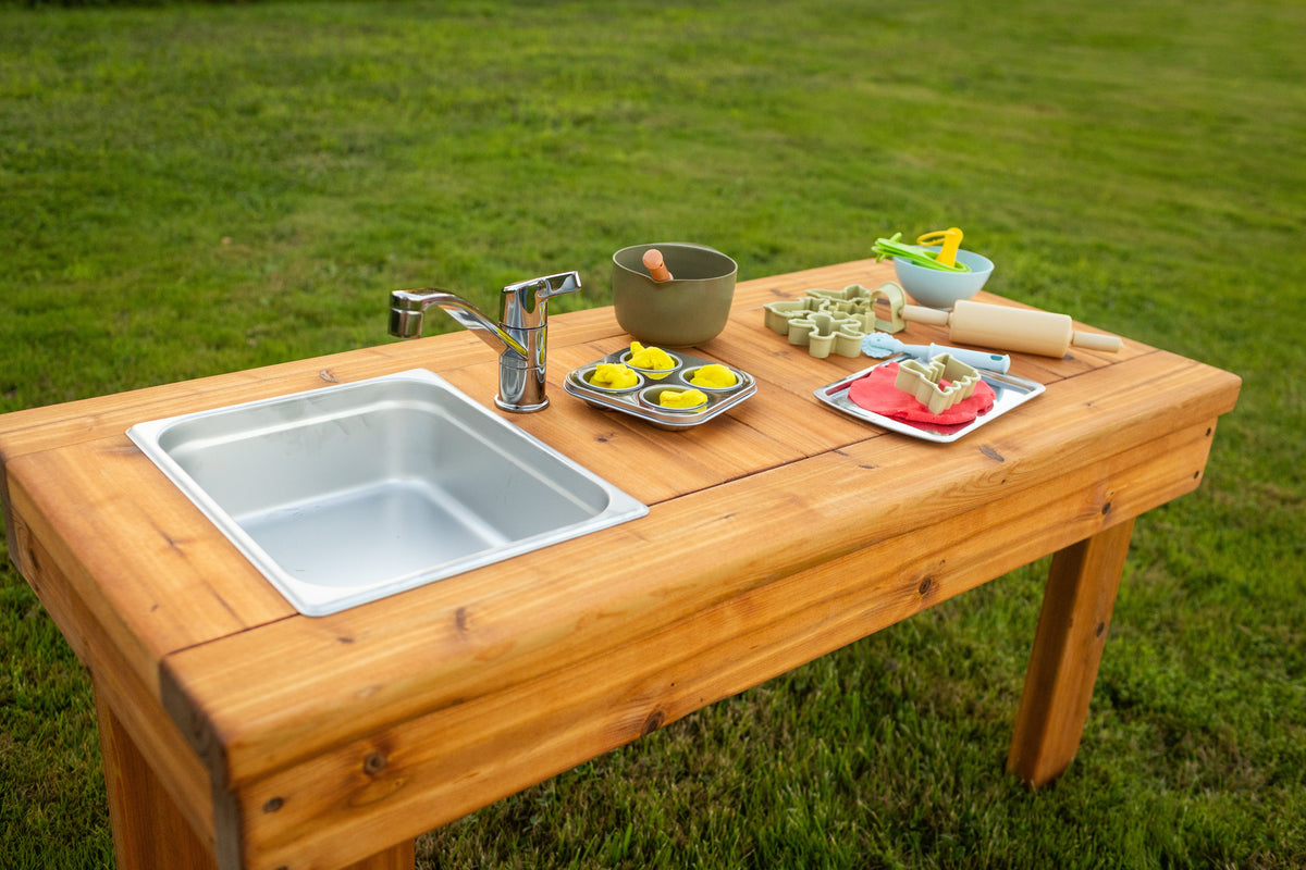 Cedar outdoor mud kitchen by Noble Wooden Toys with 1 stainless steel sink, optional faucet and shelf
