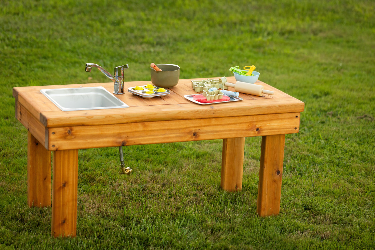 Cedar outdoor mud kitchen by Noble Wooden Toys with 1 stainless steel sink, optional faucet and shelf