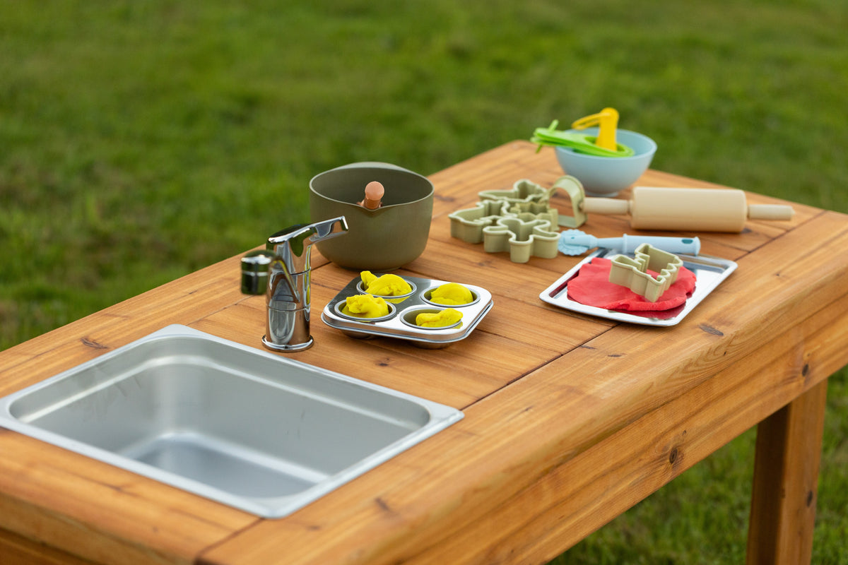 Cedar outdoor mud kitchen by Noble Wooden Toys with 1 stainless steel sink, optional faucet and shelf