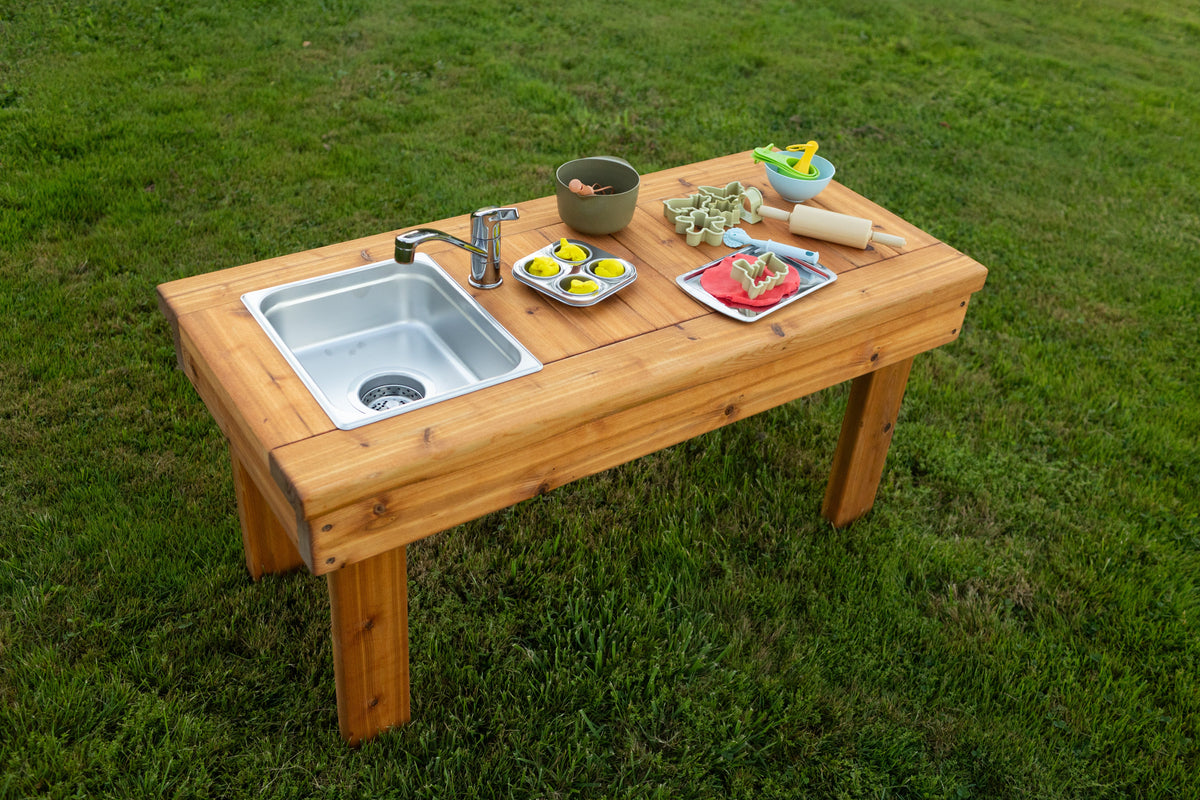 Cedar outdoor mud kitchen by Noble Wooden Toys with 1 stainless steel sink, optional faucet and shelf