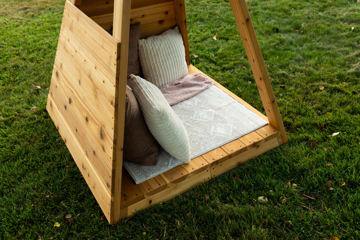 Outdoor cedar A-frame playhouse by Noble Wooden Toys, children's reading nook, 84 in. high