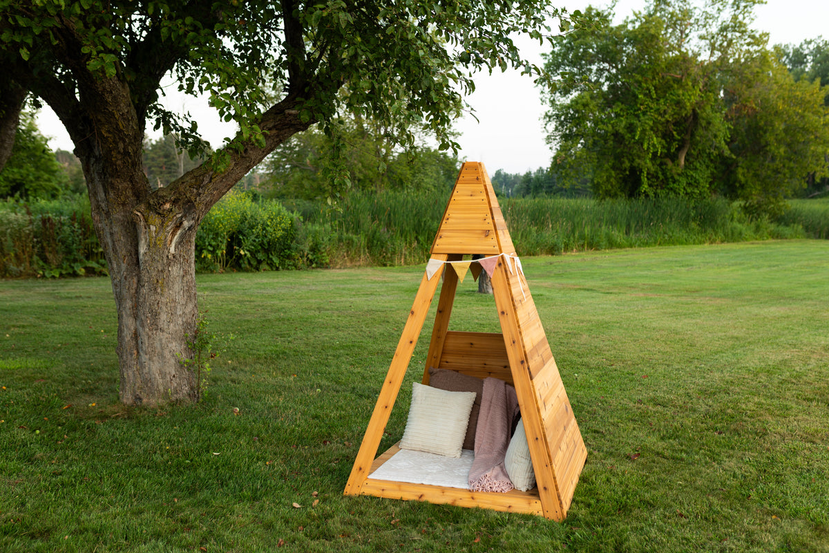 Outdoor cedar A-frame playhouse by Noble Wooden Toys, children's reading nook, 84 in. high