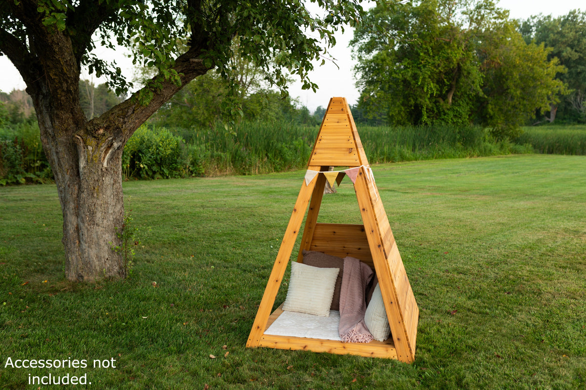 Outdoor cedar A-frame playhouse by Noble Wooden Toys, children's reading nook, 84 in. high