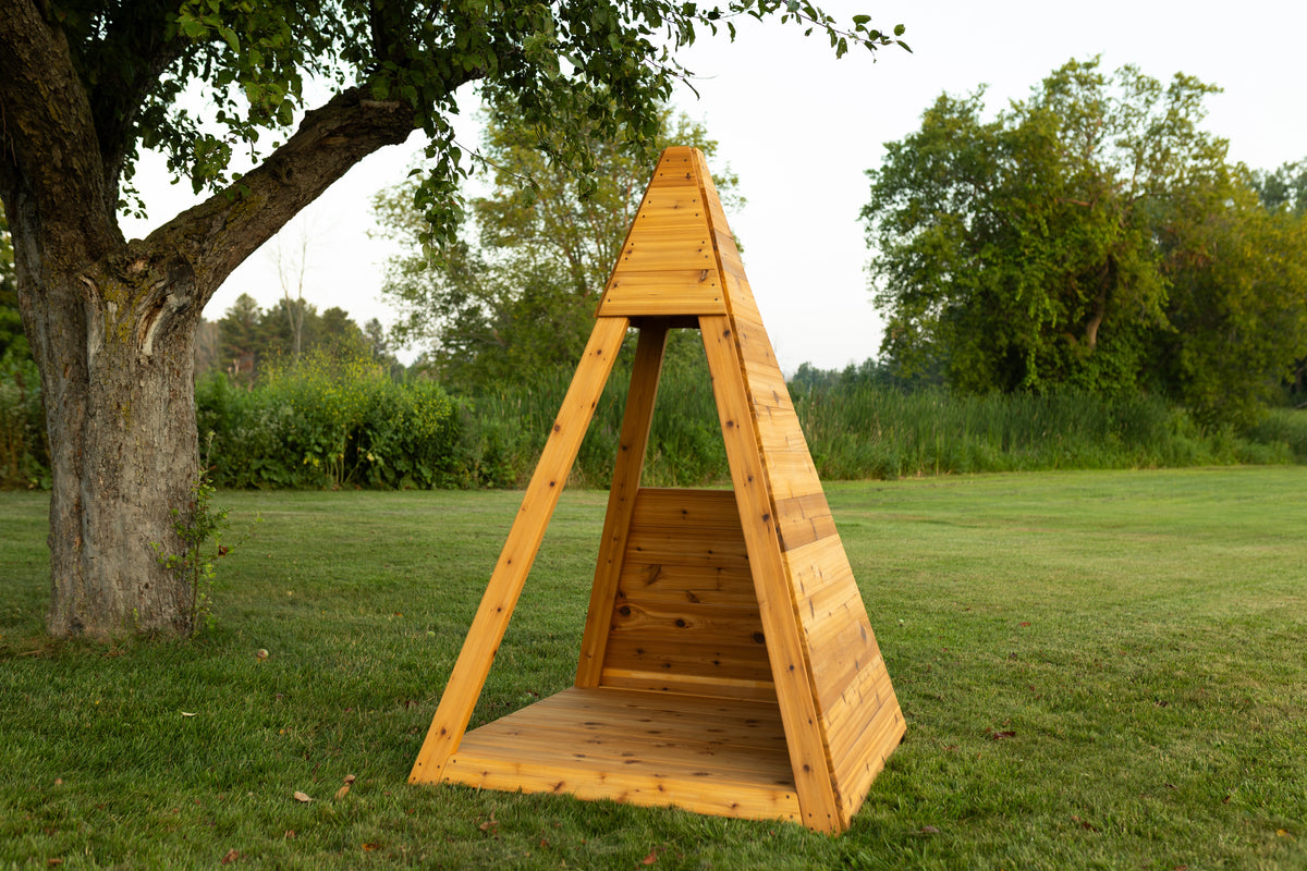 Outdoor cedar A-frame playhouse by Noble Wooden Toys, children's reading nook, 84 in. high
