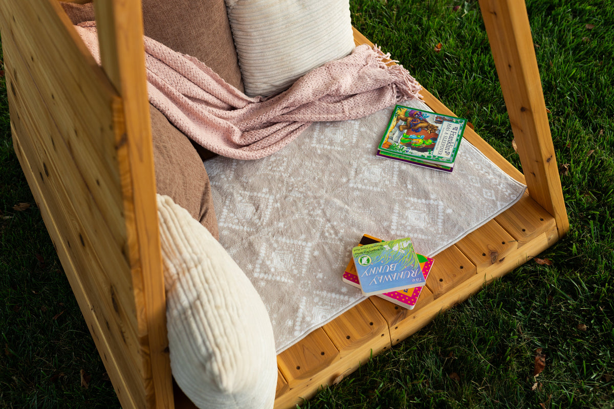 Outdoor cedar A-frame playhouse by Noble Wooden Toys, children's reading nook, 84 in. high