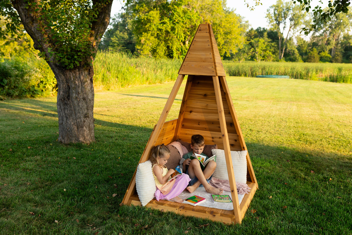 Outdoor cedar A-frame playhouse by Noble Wooden Toys, children's reading nook, 84 in. high