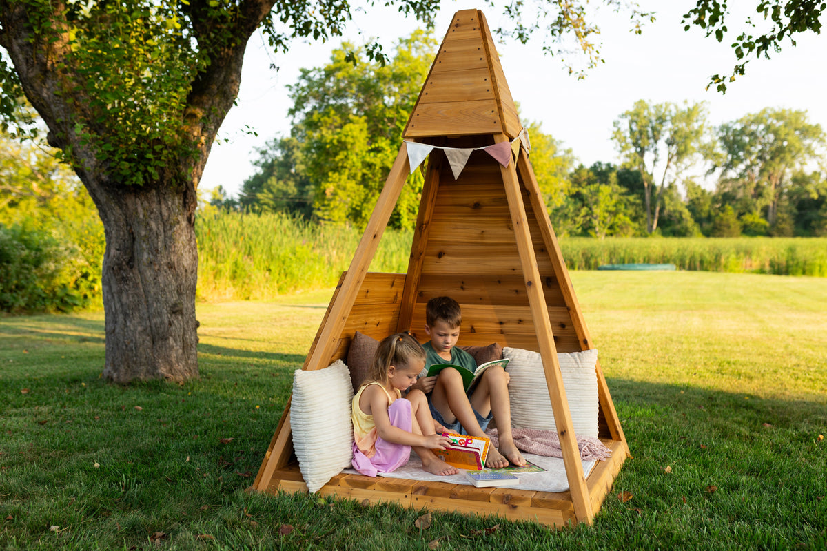Outdoor cedar A-frame playhouse by Noble Wooden Toys, children's reading nook, 84 in. high