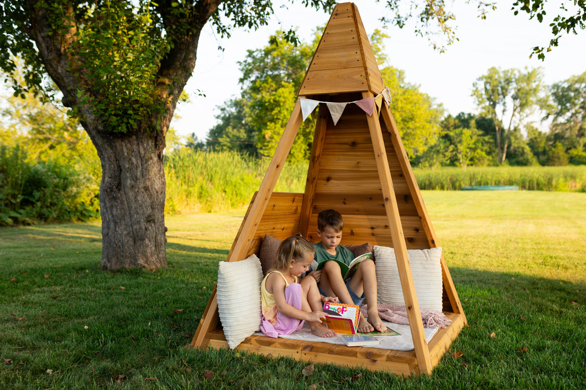 Outdoor cedar A-frame playhouse by Noble Wooden Toys, children's reading nook, 84 in. high