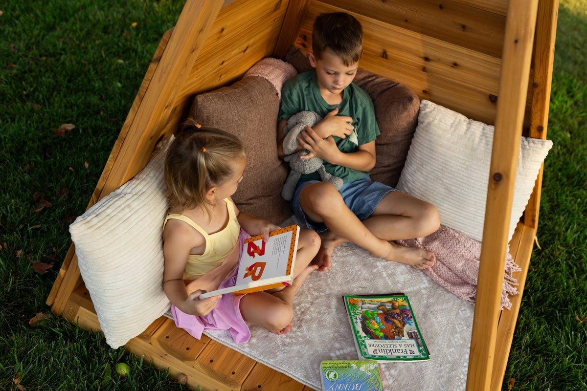 Outdoor cedar A-frame playhouse by Noble Wooden Toys, children's reading nook, 84 in. high
