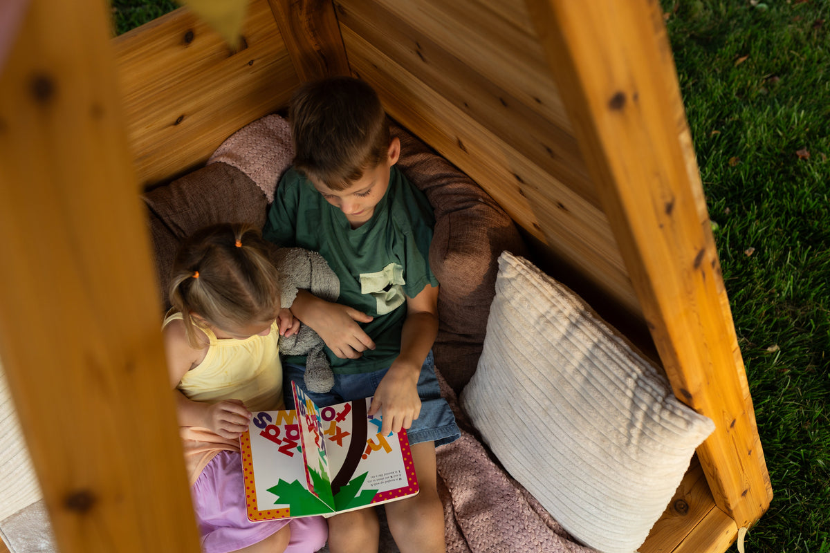Outdoor cedar A-frame playhouse by Noble Wooden Toys, children's reading nook, 84 in. high