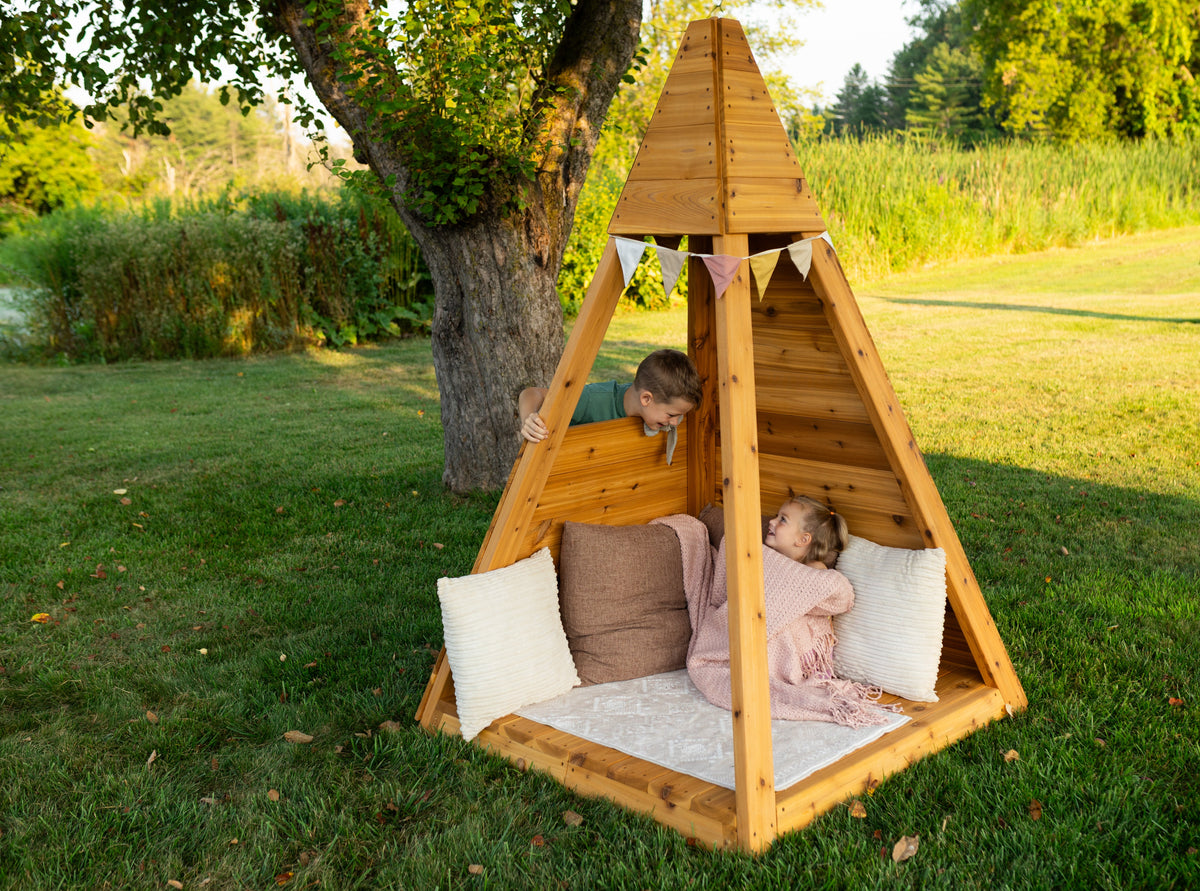 Outdoor cedar A-frame playhouse by Noble Wooden Toys, children's reading nook, 84 in. high