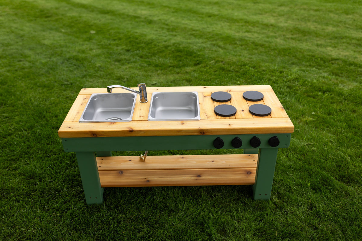 Simple painted cedar outdoor mud kitchen by Noble Wooden Toys with shelf and 2 stainless steel sinks