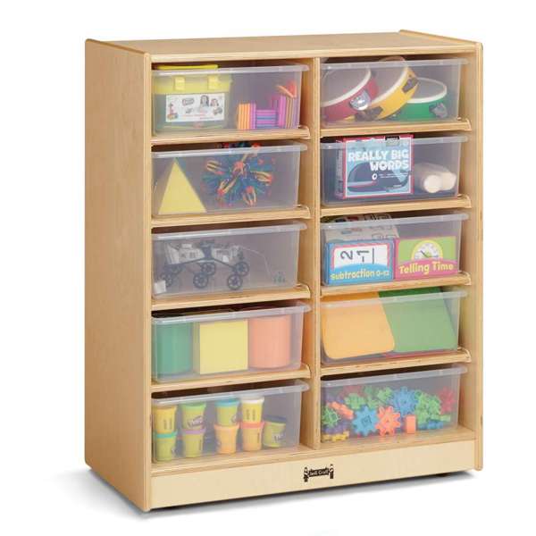 Mobile storage cabinet with 10 clear bins and whiteboard back