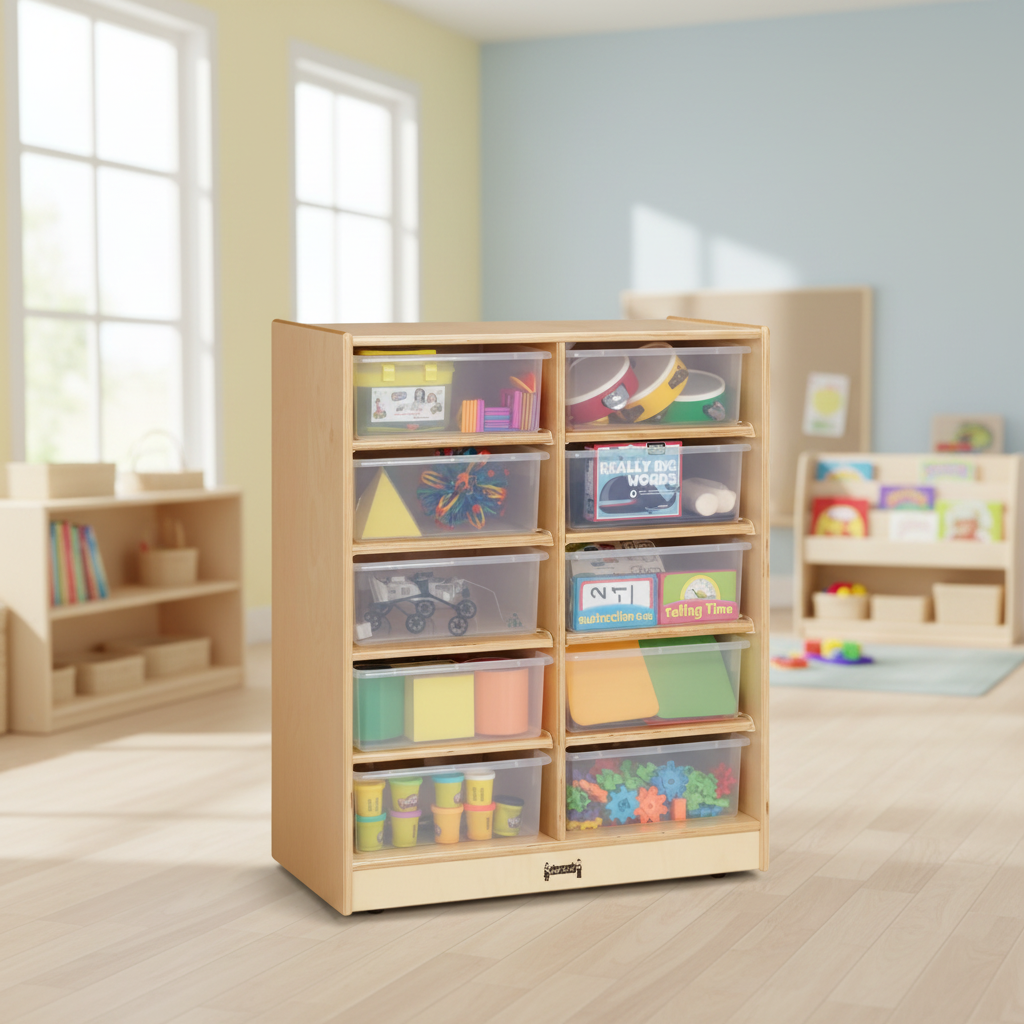 Mobile storage cabinet with 10 clear bins and whiteboard back