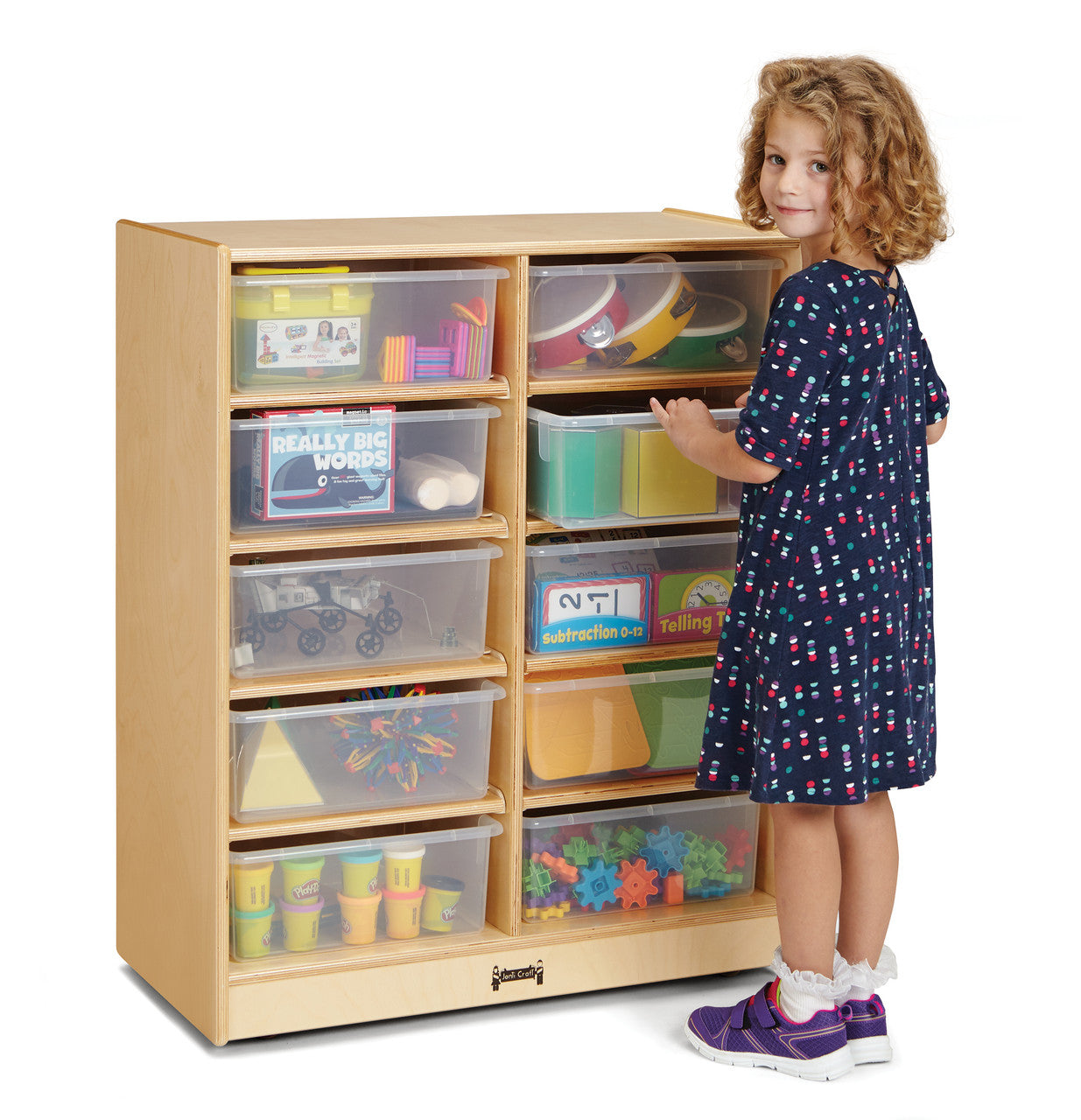 Mobile storage cabinet with 10 clear bins and whiteboard back