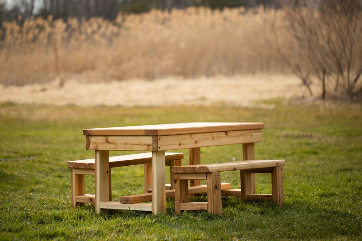 Indoor and outdoor cedar harvest table by Noble Wooden Toys for 4 children, with or without 2 benches