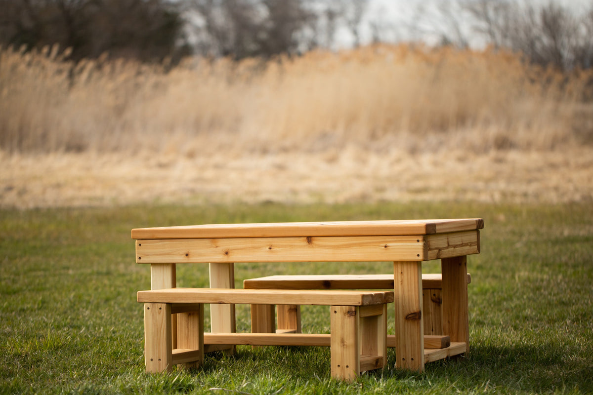 Indoor and outdoor cedar harvest table by Noble Wooden Toys for 4 children, with or without 2 benches