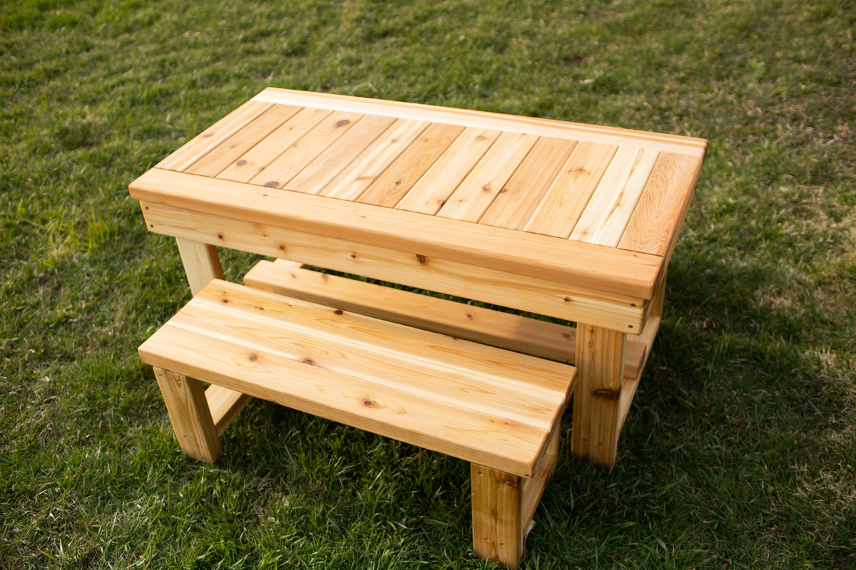Indoor and outdoor cedar harvest table by Noble Wooden Toys for 4 children, with or without 2 benches