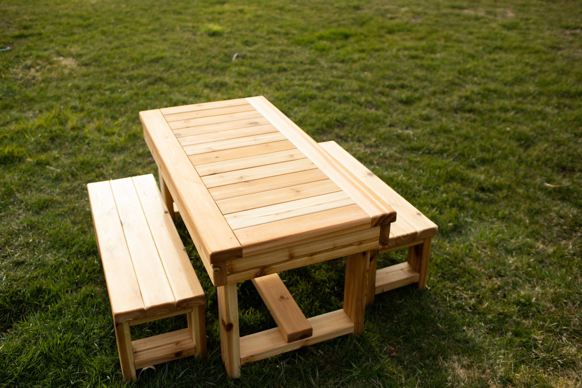 Indoor and outdoor cedar harvest table by Noble Wooden Toys for 4 children, with or without 2 benches