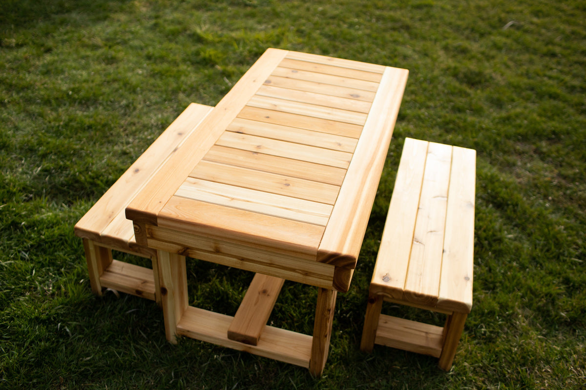 Indoor and outdoor cedar harvest table by Noble Wooden Toys for 4 children, with or without 2 benches