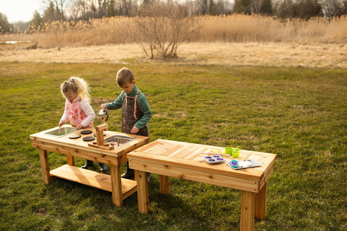 Outdoor play side table by Noble Wooden Toys for pretend play, 44 in.