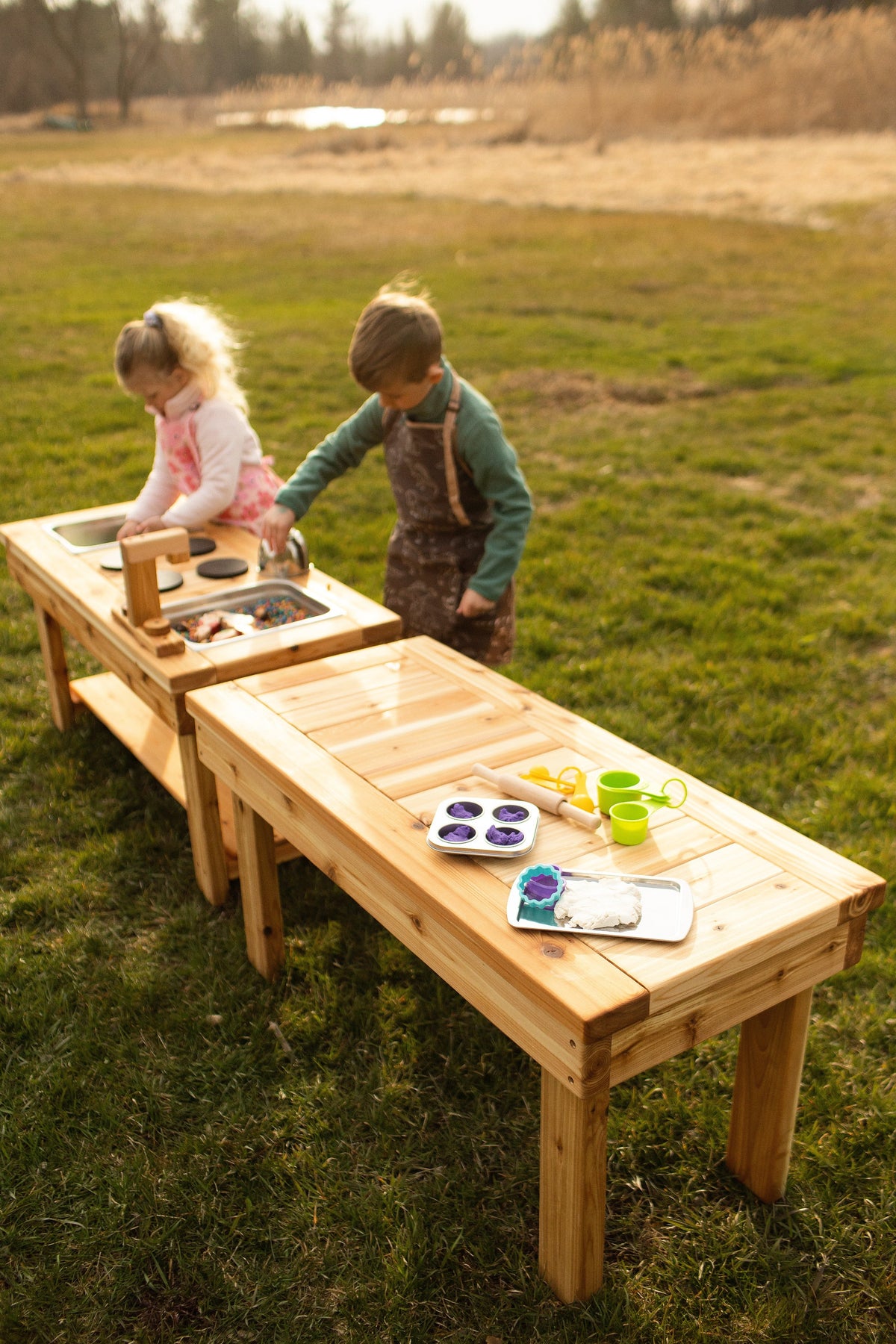 Outdoor play side table by Noble Wooden Toys for pretend play, 44 in.