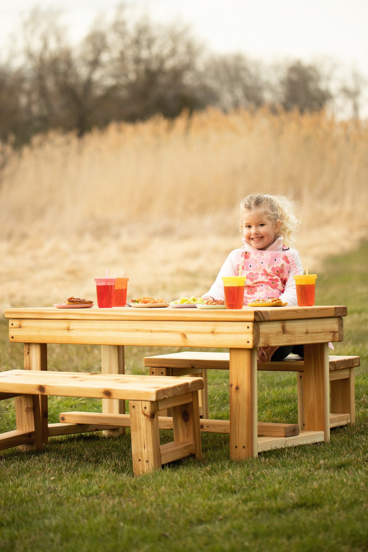 Indoor and outdoor cedar harvest table by Noble Wooden Toys for 4 children, with or without 2 benches