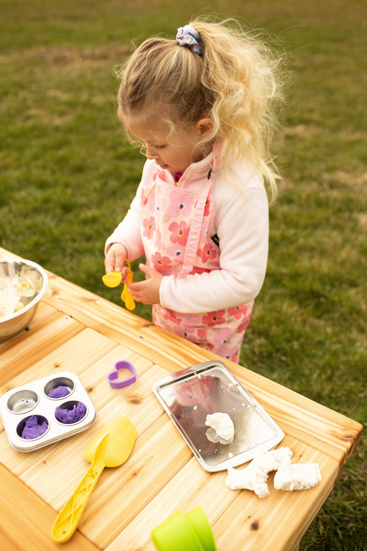 Outdoor play side table by Noble Wooden Toys for pretend play, 44 in.