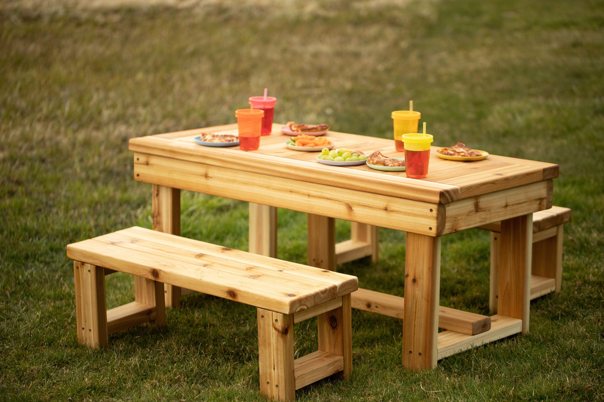 Indoor and outdoor cedar harvest table by Noble Wooden Toys for 4 children, with or without 2 benches