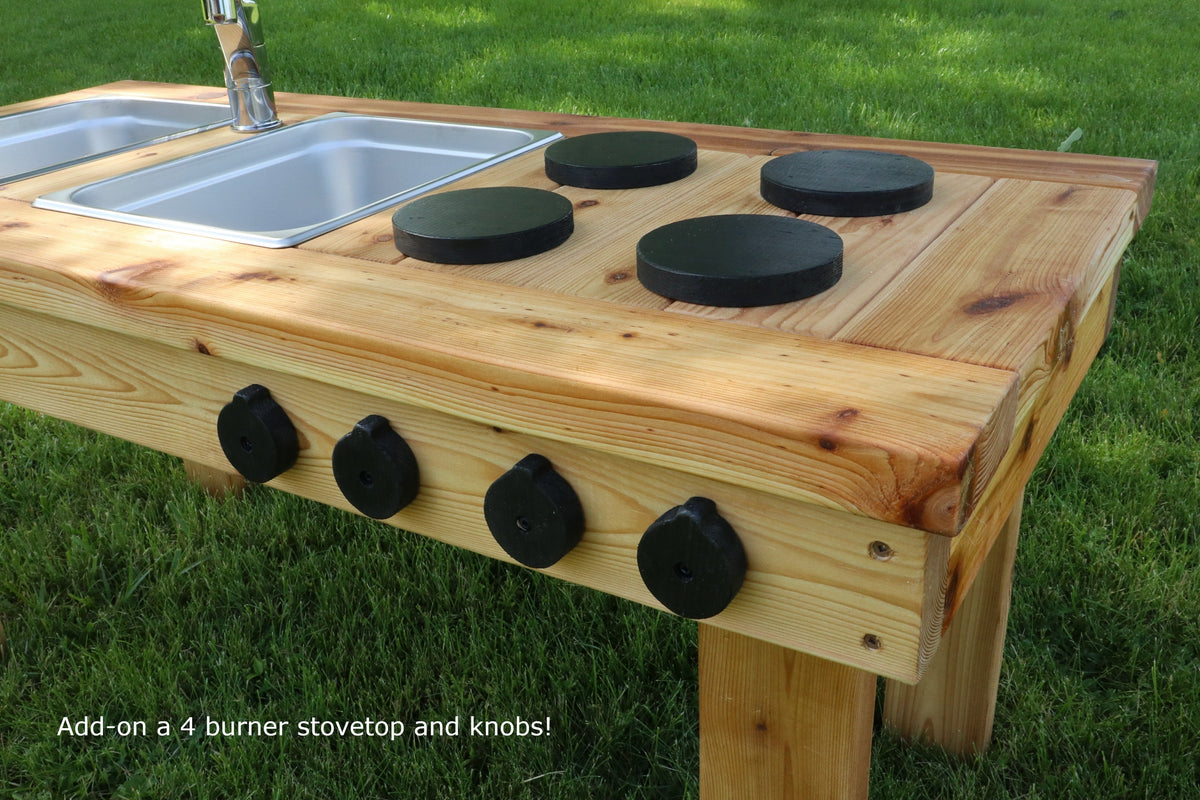 Cuisinette extérieure simple en cèdre Noble Wooden Toys sans tablette, 2 éviers en acier inoxydable