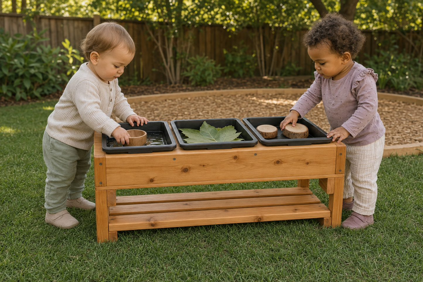 Table sensorielle extérieure à trois compartiments pour poupons