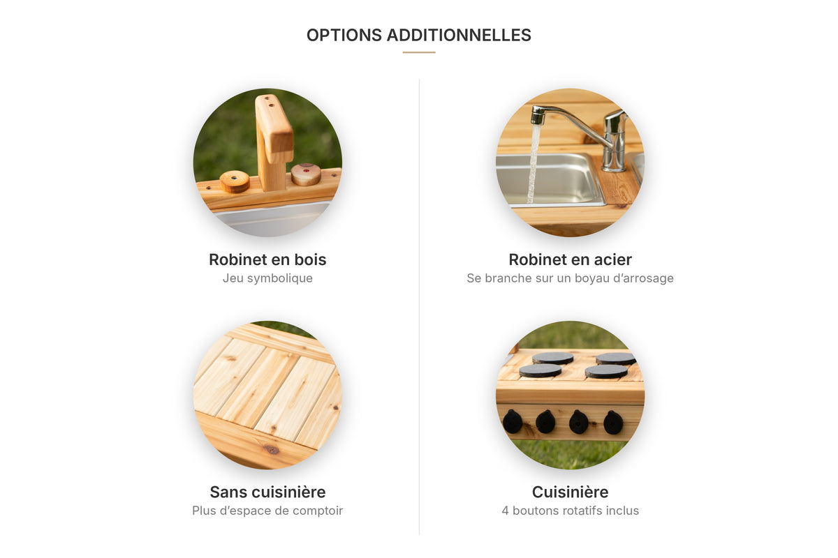 Simple painted cedar outdoor mud kitchen by Noble Wooden Toys with shelf and 2 centred stainless steel sinks
