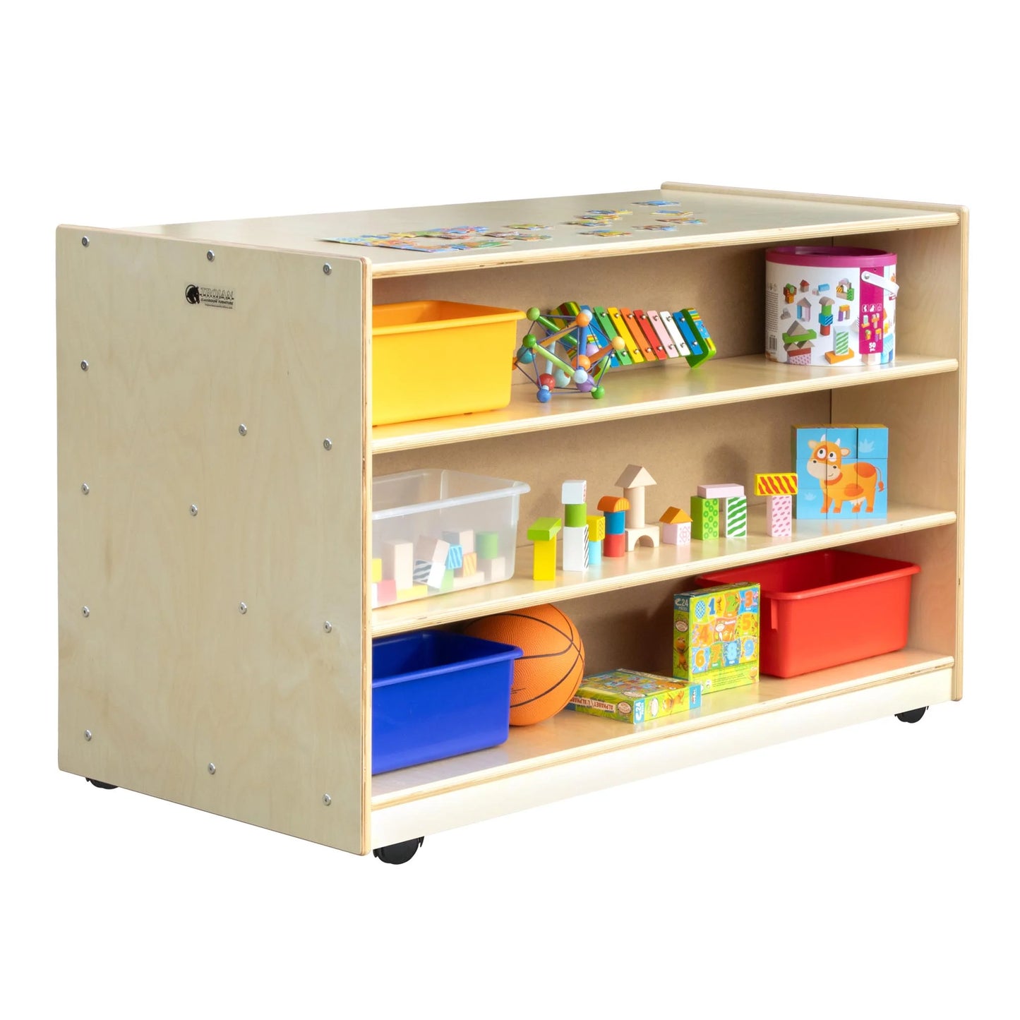 Meuble de rangement 2 faces avec cases et roulettes