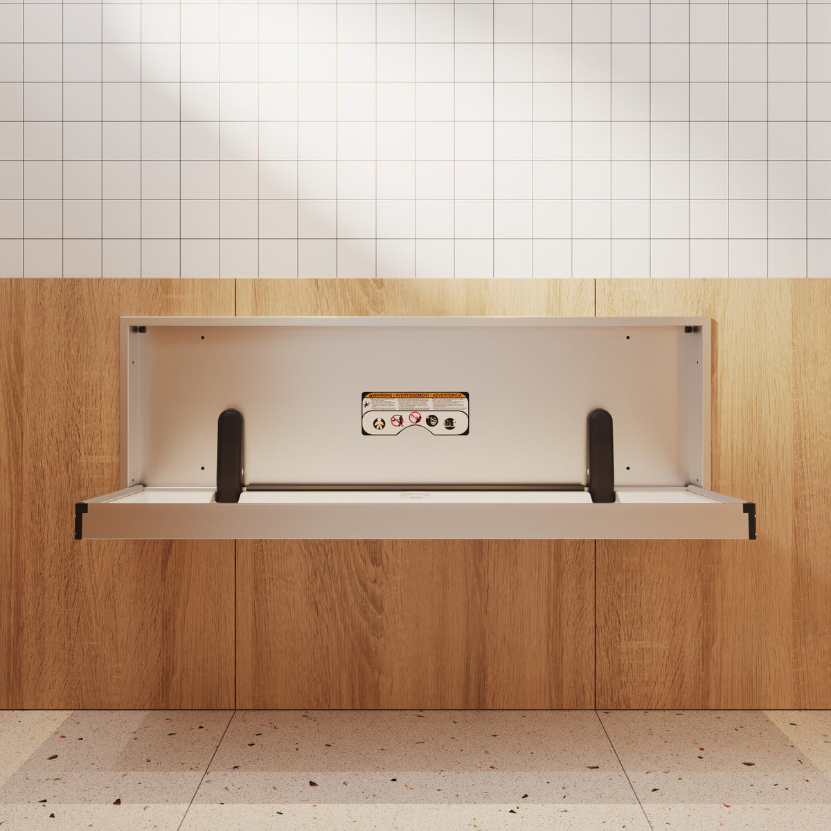 Table à langer murale Solace en inox ouverte, installée en surface dans une salle de bain