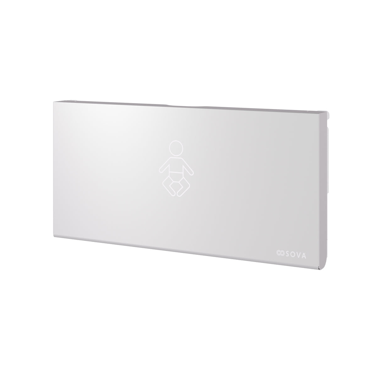 Table à langer murale Aura en inox fermée, vue de trois quarts sur fond blanc