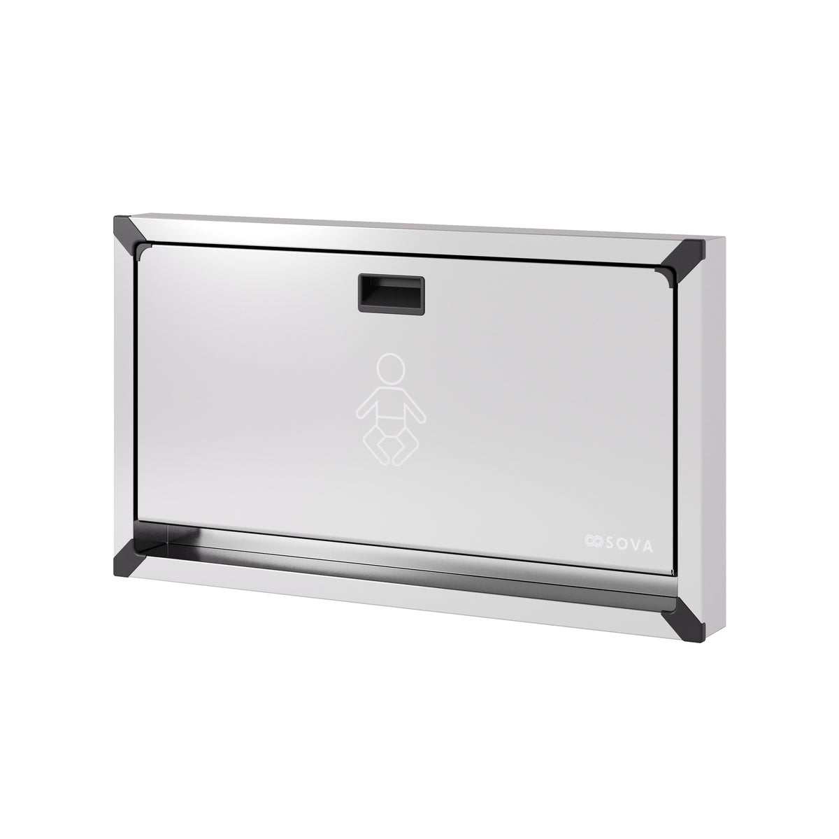 Table à langer murale Vantage en inox fermée, vue de trois quarts sur fond blanc