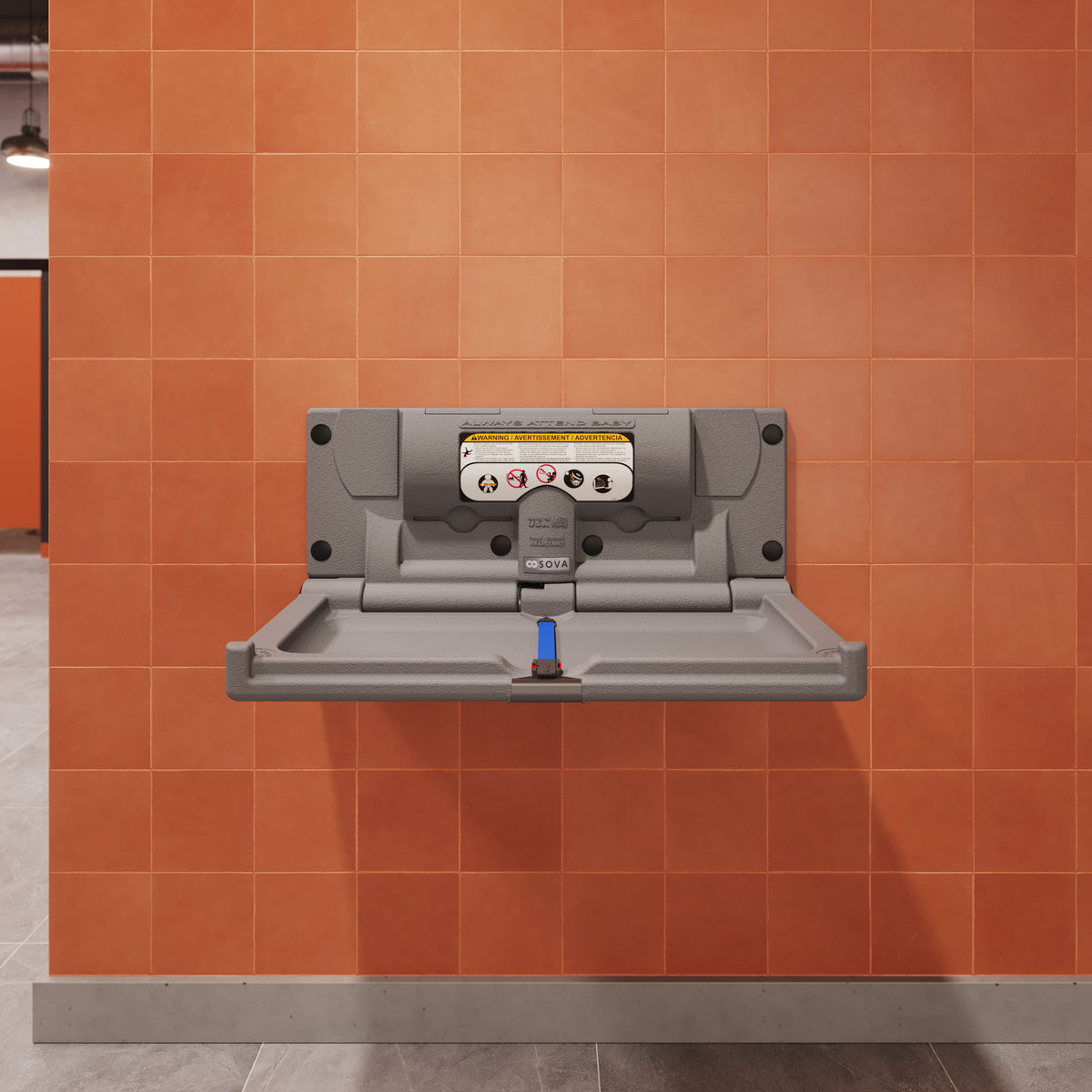 Table à langer murale Origin gris foncé ouverte, installée dans une salle de bain