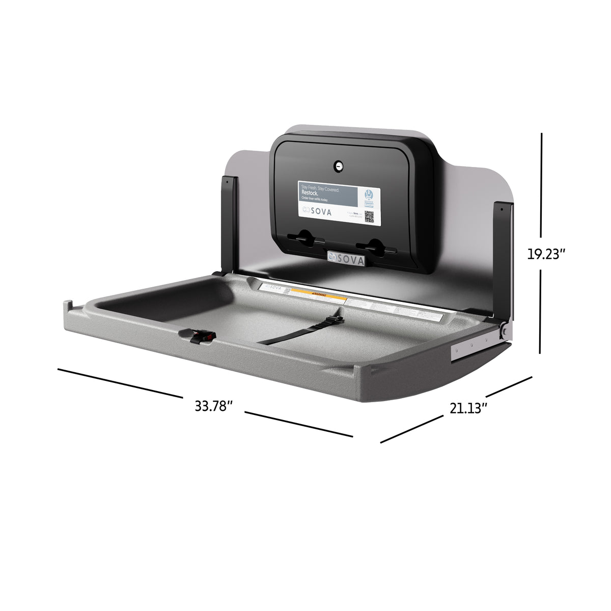 Table à langer murale Element LX avec dosseret inox et distributeur gris foncé ouverte avec dimensions en pouces