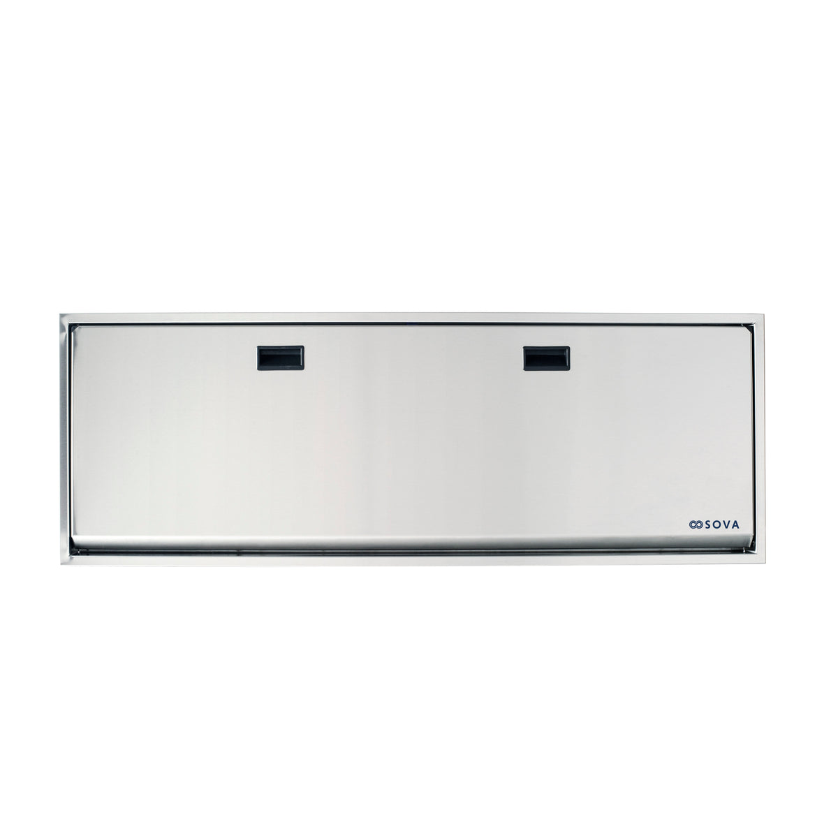 Table à langer murale Solace en inox fermée, vue de face avec cadre de finition