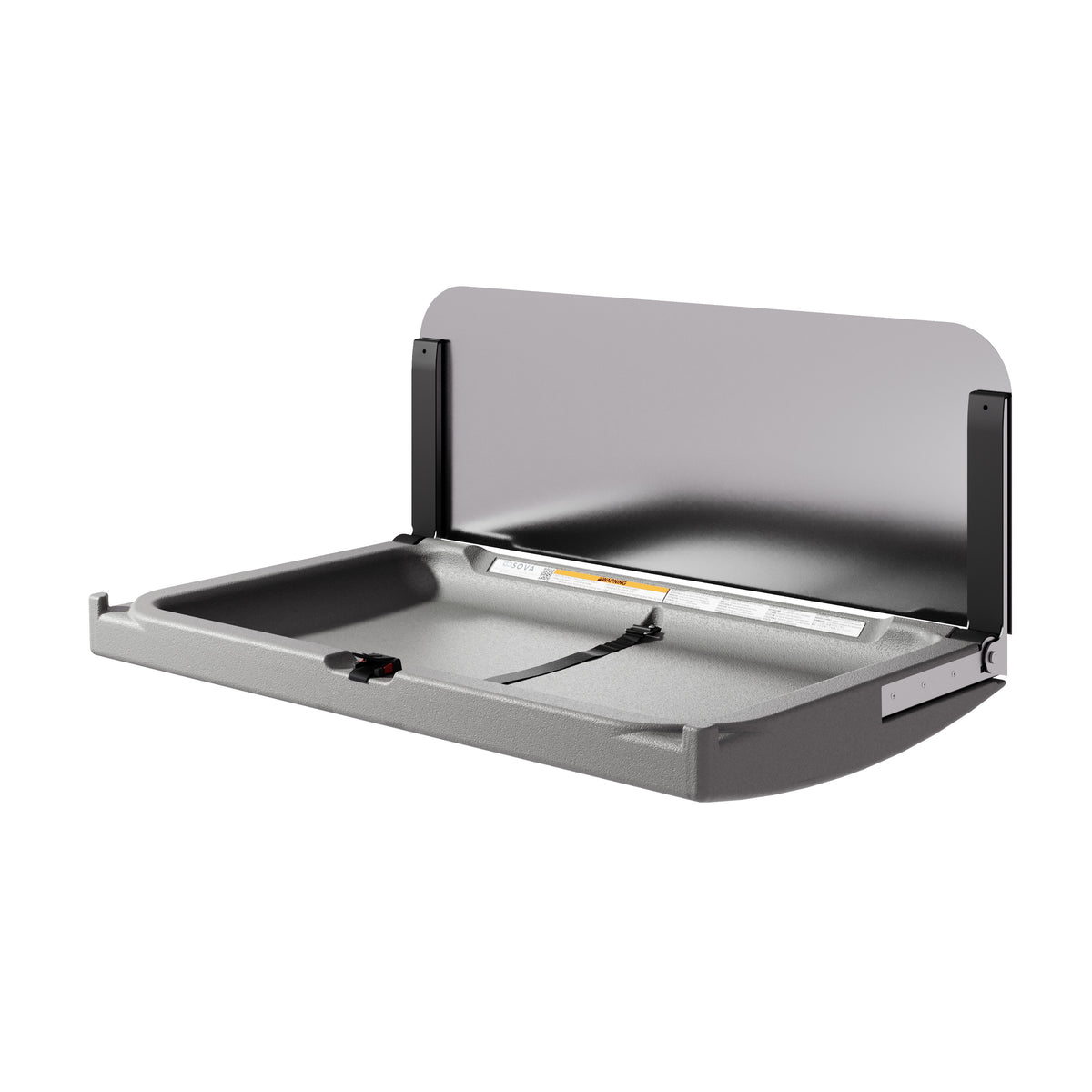 Table à langer murale Element XB avec dosseret inox gris foncé ouverte, vue de trois quarts sur fond blanc