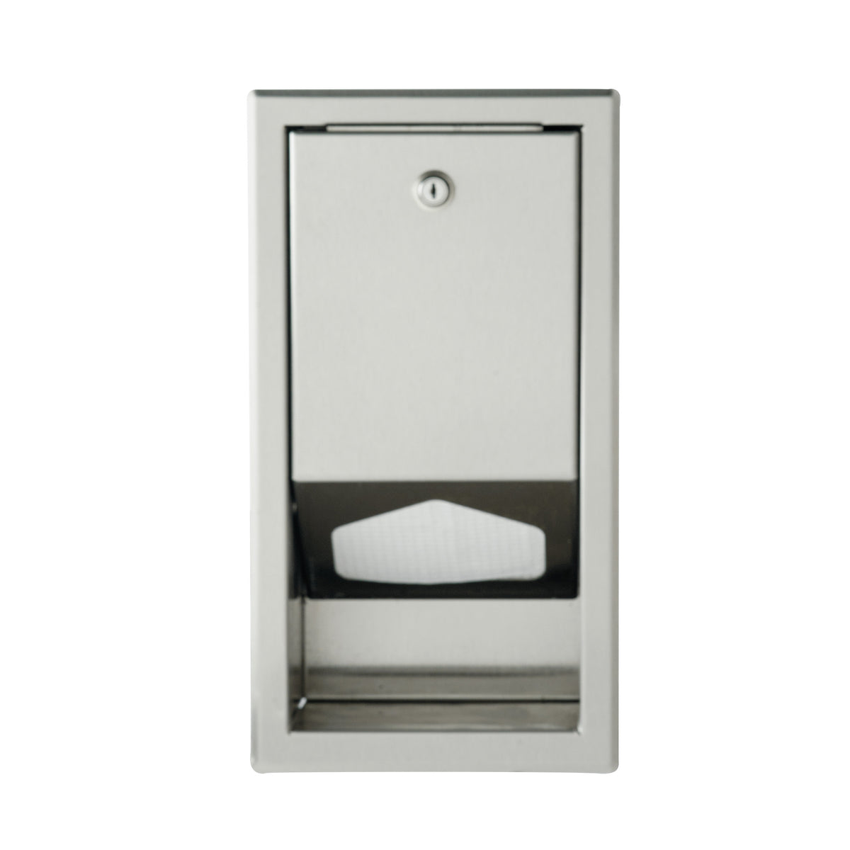Distributeur de protège-tables encastré en inox, vue de face sur fond blanc