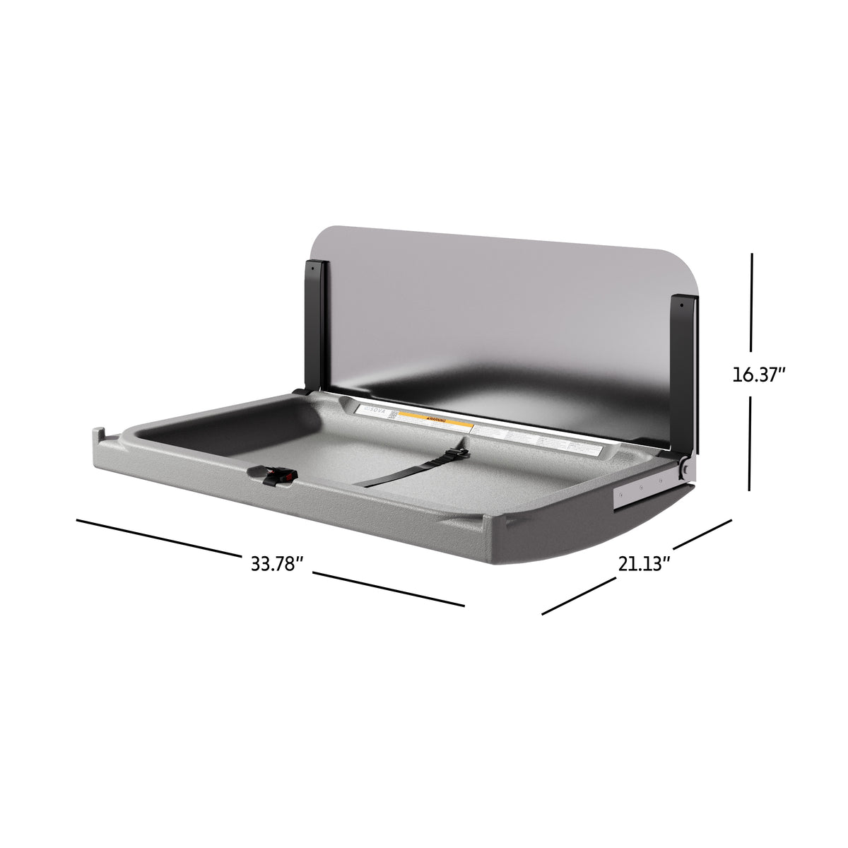 Table à langer murale Element XB avec dosseret inox gris foncé ouverte avec dimensions en pouces