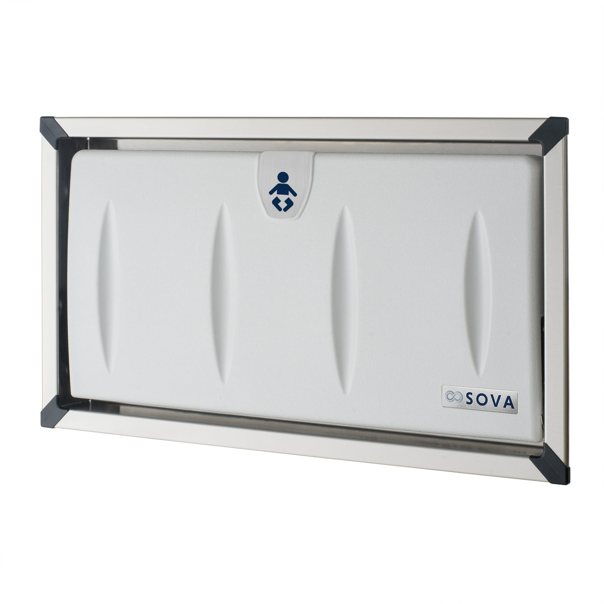 Table à langer murale encastrée Origin inox et gris pâle fermée, vue de trois quarts sur fond blanc