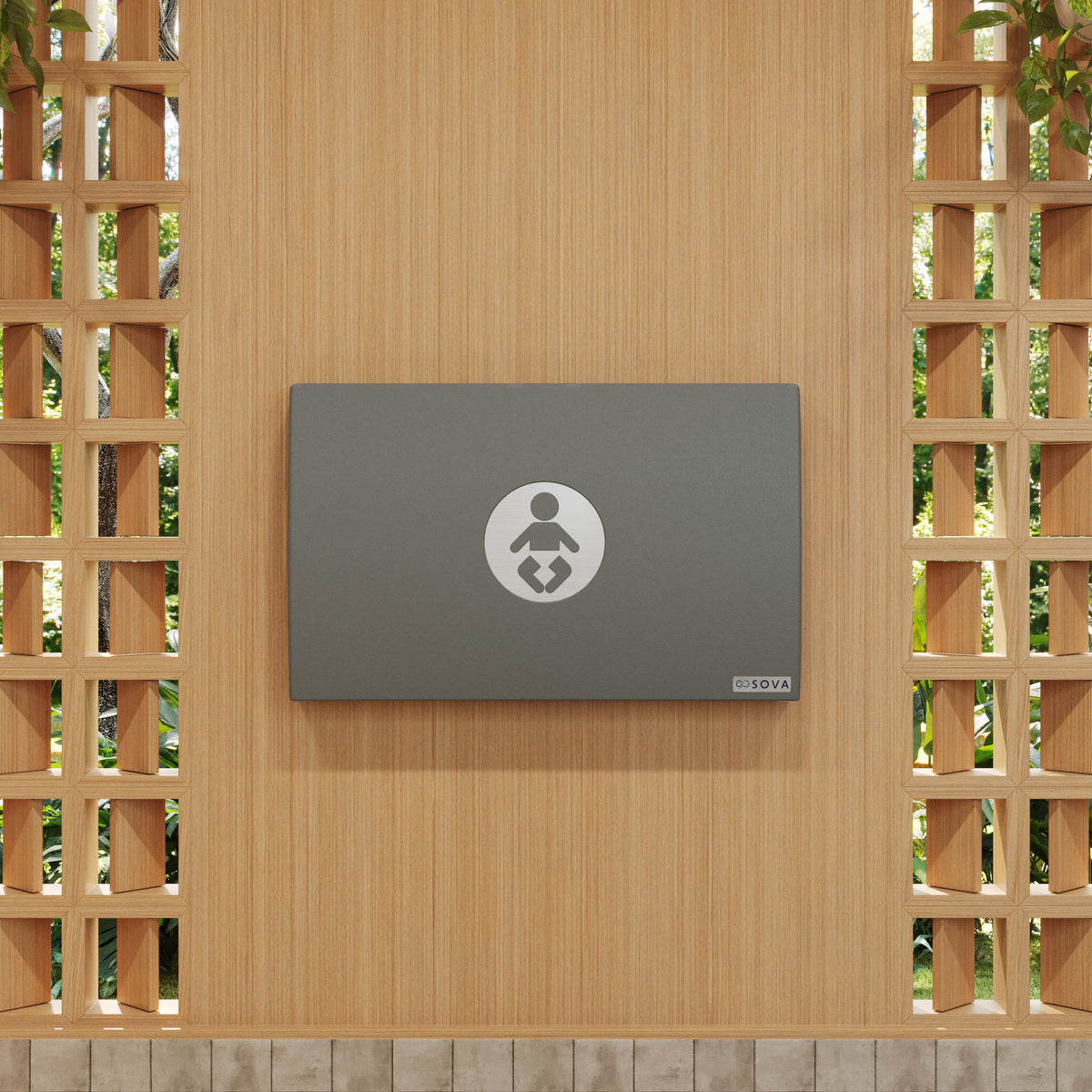 Table à langer murale Element XB avec dosseret inox gris foncé fermée, installée au mur