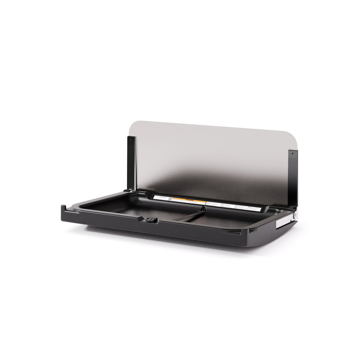Table à langer murale Element XB avec dosseret inox noire ouverte, vue de trois quarts sur fond blanc