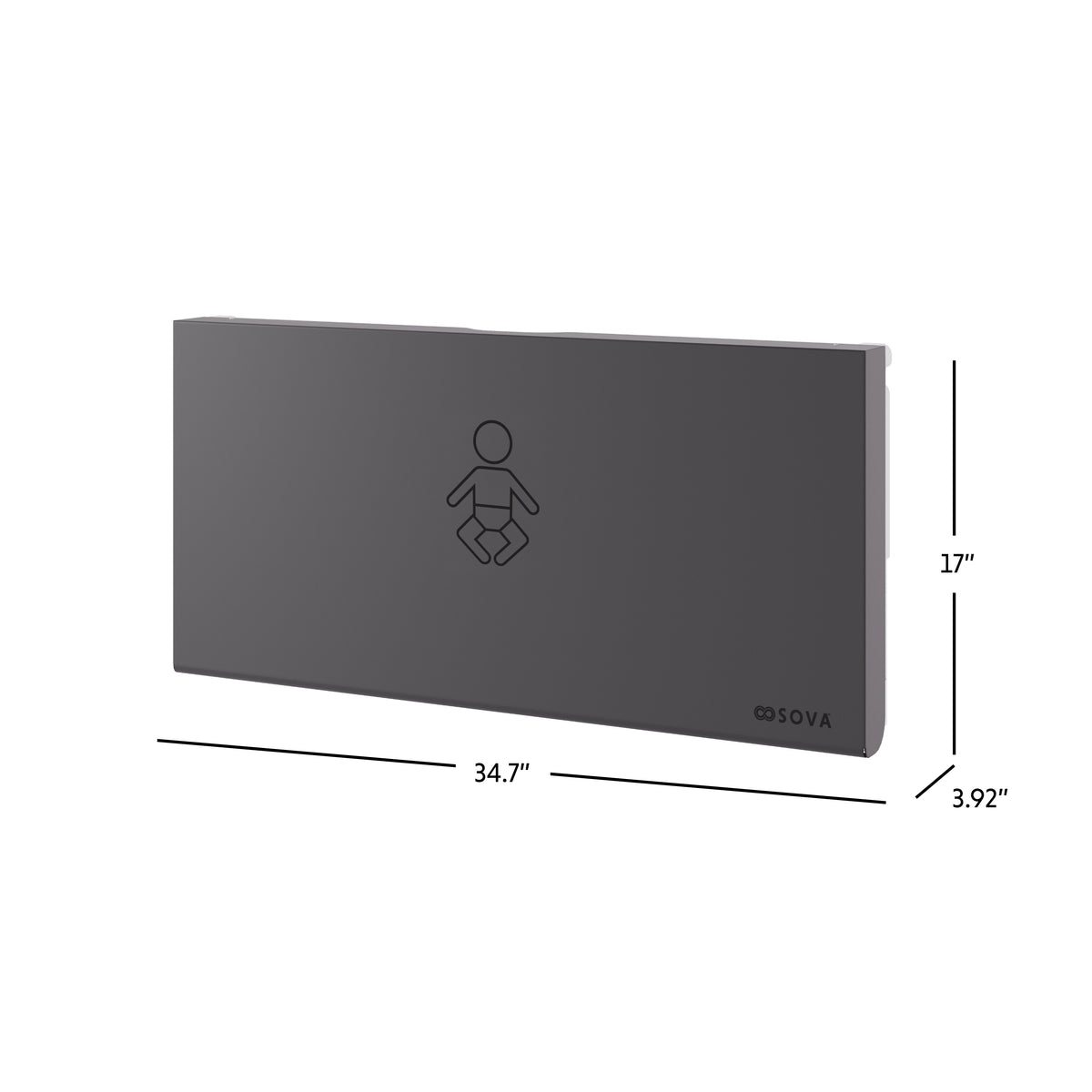 Table à langer murale Aura en inox noir fermée avec dimensions en pouces